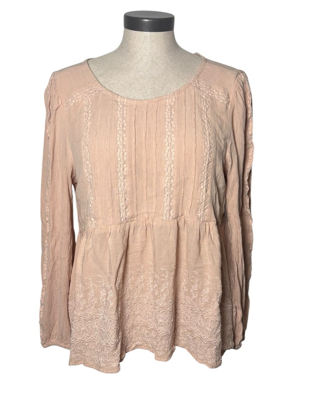 American Eagle Boho Peasant Blouse Pink Lace Embroidered Tie Back M